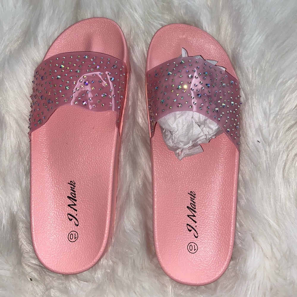 J. Mark Women’s Pink Rhinestone Studded Slides Sandals Slip Ons Rubber New NWT
